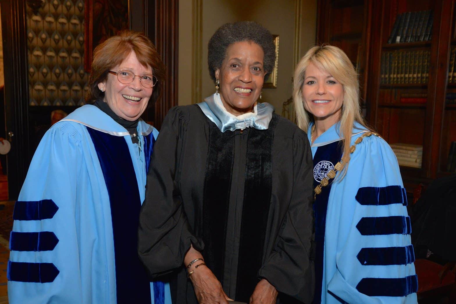 From left to right, Elizabeth Bell LeVaca, Chair of the Board of Trustees, The College of New Rochelle; Myrlie Evers-Williams; and Judith Huntington, President, The College of New Rochelle. Credit: John Vecchiolla