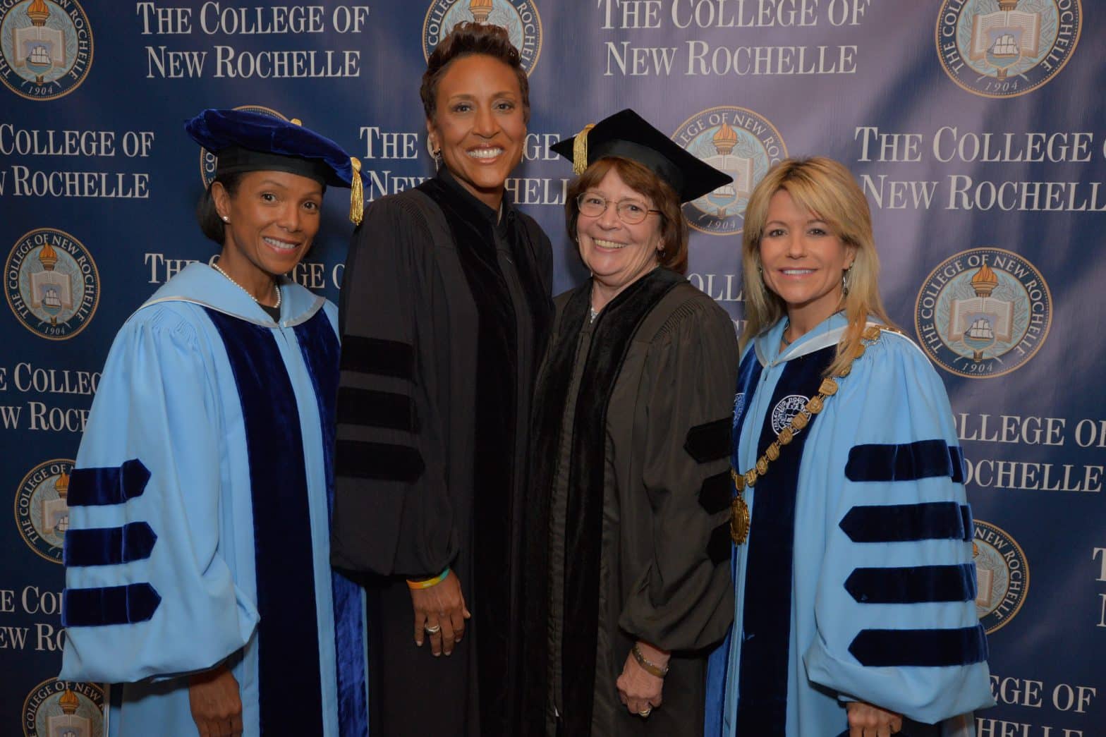 Pictured, from left, Gwen Adolph, Chair of the Board of Trustees, The College of New Rochelle; Robin Roberts, Co-Anchor, ABC’s Good Morning America; Elizabeth Bell LeVaca, immediate past Chair of the Board of Trustees, The College of New Rochelle; and Judith Huntington, President, The College of New Rochelle.