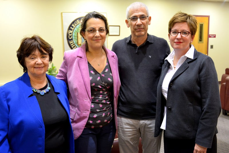 Award-winning Spanish author José Ovejero, who spoke on “Spanish Fictions” and taught a masterclass to students at The College of New Rochelle on November 5.  Pictured here are (left to right) Anne McKernan, retired Associate Professor of History, Nereida Segura-Rico, Associate Professor of Modern Foreign Languages, Author José Ovejero and Danielle Wozniak, Dean of the School of Arts and Sciences. (Photo: Rob Morgan)