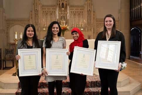 Ursuline Student Service Recognition Award Recipients: (left to right) Vivian Rosario SNR'16, Jessica Jawahar SN'15, Tazmin Uddin GS'15, and Meghan King SAS'15.