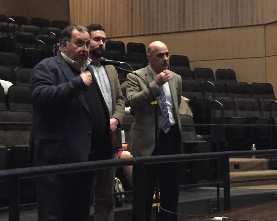 New Rochelle School consultants Mike Orifici, Peter Wintermantel of CSArch and Arturo Rivera of Aramark accept praise from school board for repairs to Webster School