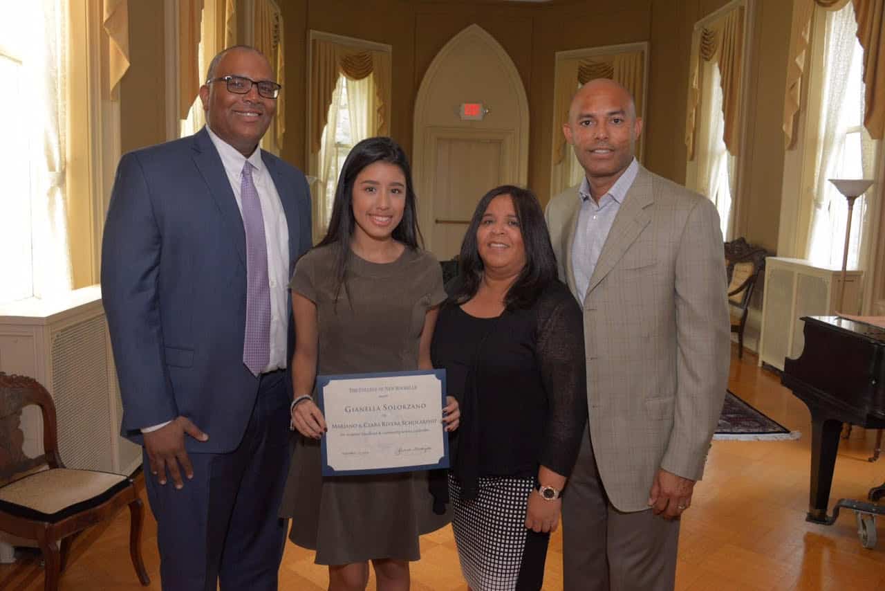 The second Mariano and Clara Rivera Scholarship at The College of New Rochelle was awarded to Gianella Solorzano of New Rochelle. Attending the event were (left to right): New Rochelle Mayor Noam Bramson; Dr. Dorothy Escribano, Provost and Senior Vice President for Academic Affairs, The College of New Rochelle; scholarship recipient Gianella Solorzano; and Clara and Mariano Rivera.