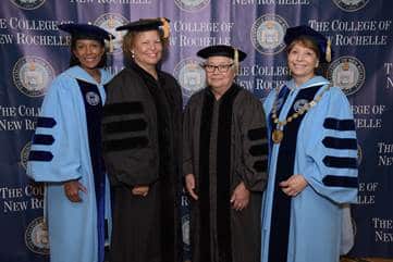 From left: Gwen Adolph, Board Chairperson, The College of New Rochelle; Debra L. Lee, Chairman and Chief Executive Officer of Black Entertainment Television (BET) Networks; Sister Mary Virginia Orna, O.S.U., Professor Emerita and Dr. Dorothy Escribano.