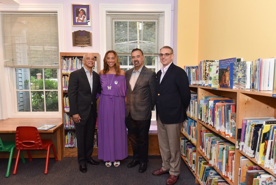 Gabrielle's Corner Dedication-Noel Hord, Michelle Hord-White, Tom Geoffino-NRPL Director, Chuck Burke-President of NRPL Board of Trustees.jpg