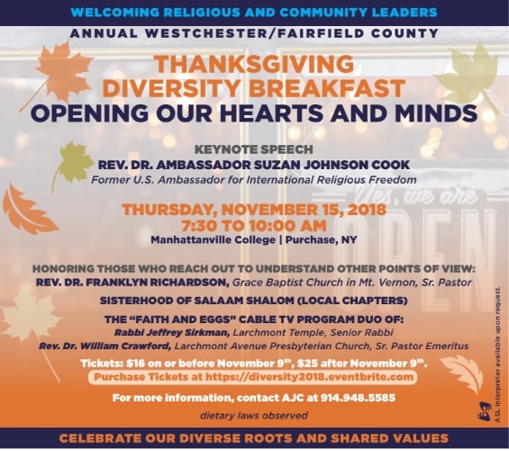 As a Response to the Continued Divisions in this Country, Thanksgiving Diversity Breakfast to be Held Celebrating Westchester/Fairfield’s Diverse Roots and Shared Values