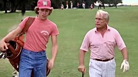The plot of the 1980 film Caddyshack revolved around the pursuit of a caddie scholarship by the character Danny Noonan, played by Mamaroneck High School graduate Michael O'Keefe, pictured here with Ted Knight in the role of Judge Elihu Smails.