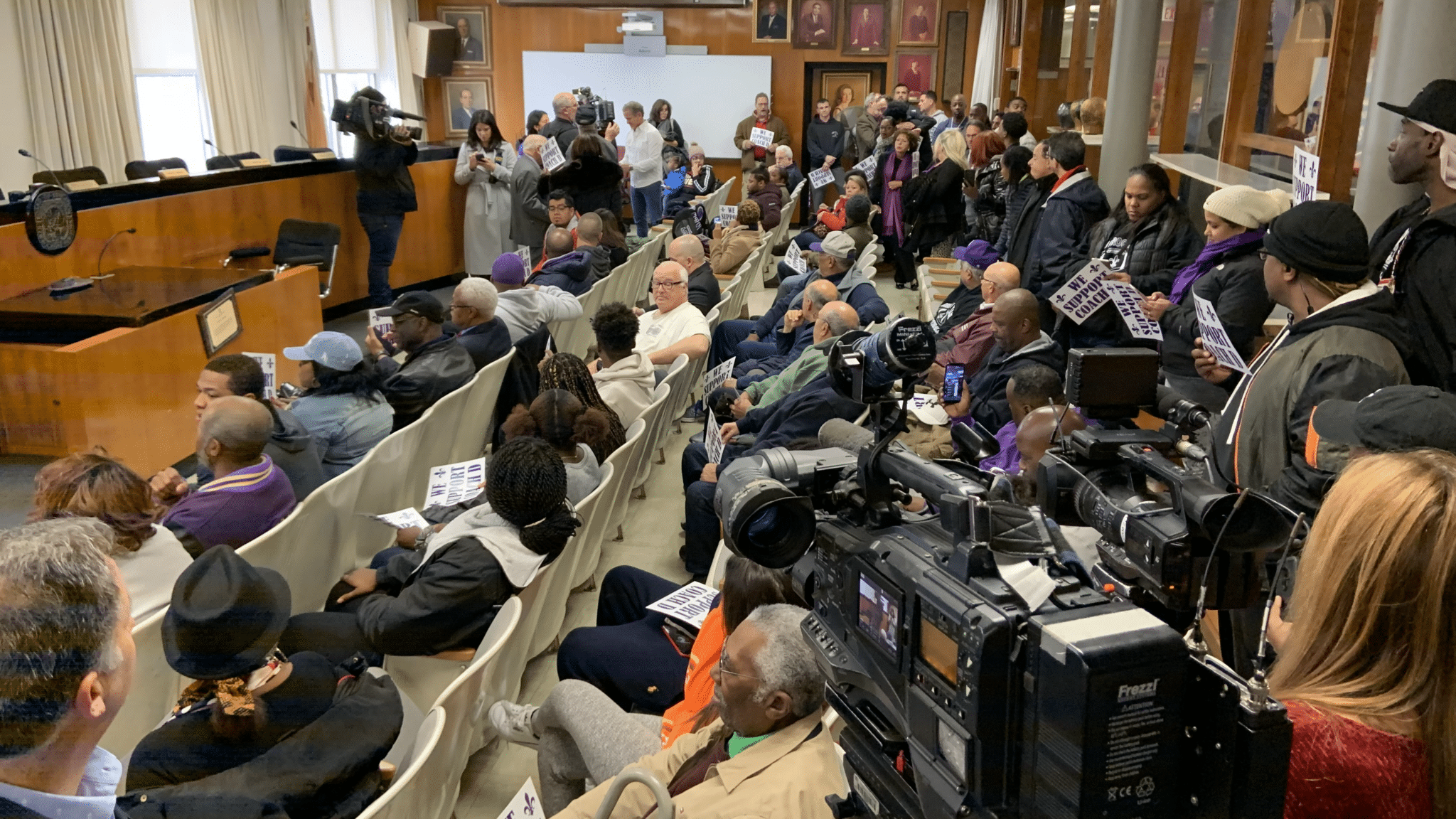 Coach D supporters confront Superintendent Dr. Laura Feijóo on her decision to suspend the coach on the eve of the 2019 state playoffs.