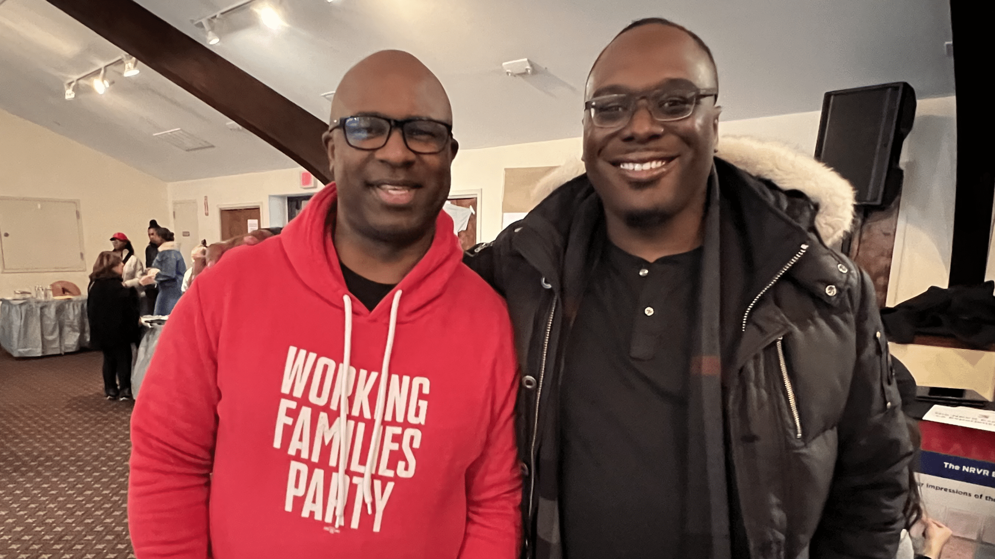 Osinloye with Rep. Jamaal Bowman during the New Rochelle Democratic Primary at Bethesda Baptist Church on March 4, 2023. Bowman endorsed Osinloye for City Council.