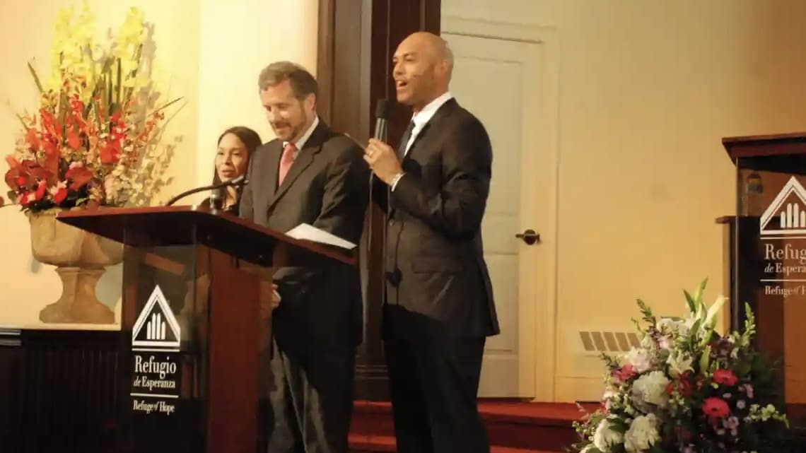 Mariano and Clara Rivera with former New Rochelle City Manager Charles B. Strome at Grand Opening of Refugio de Esperanza in New Rochelle, NY (March 6, 2014).
