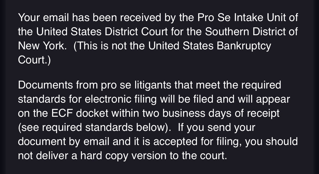 Confirmation from Pro Se Intake Unit at the United States Courthouse in White Plains, NY