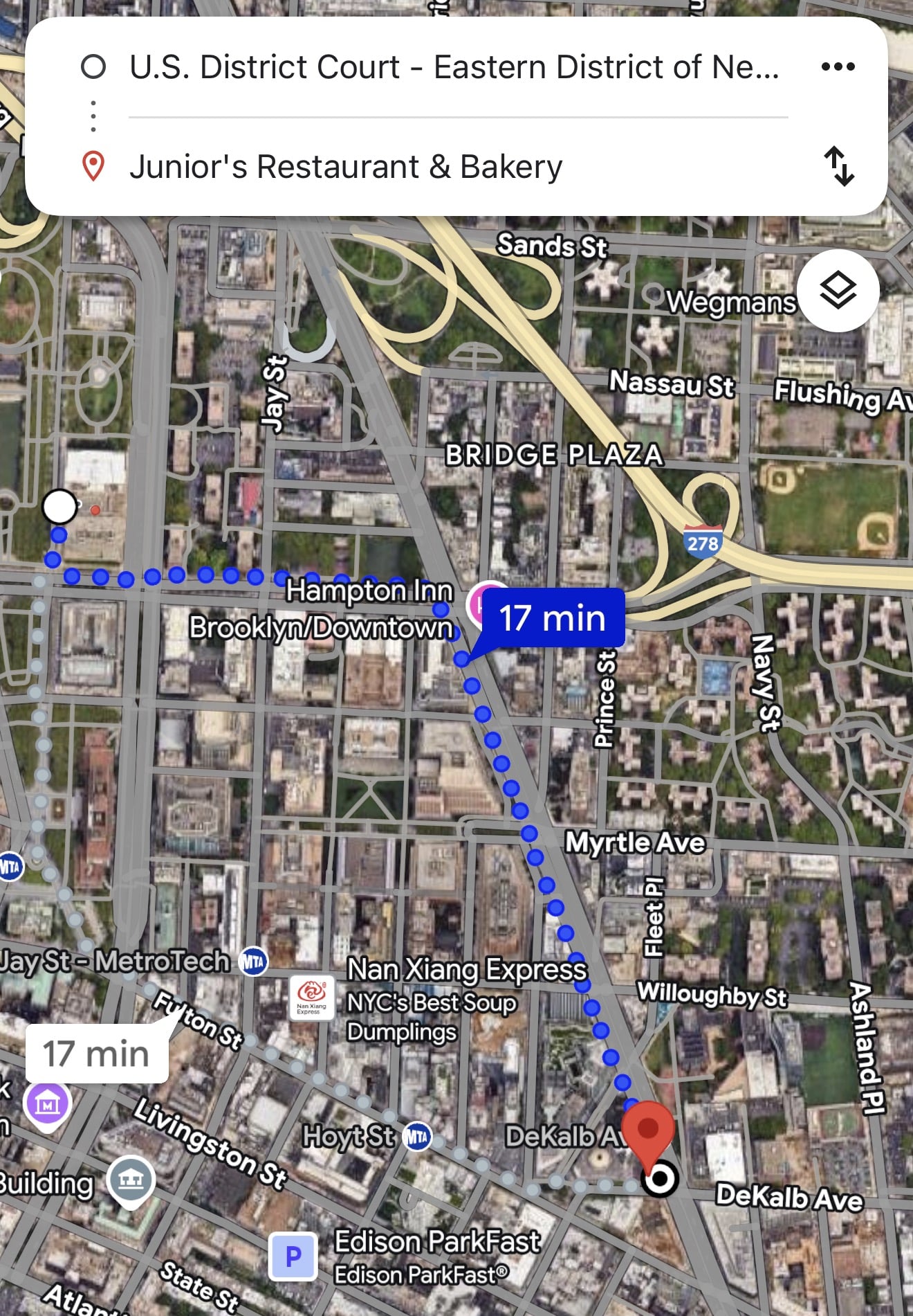 Junior’s is a short walk from the courthouse 