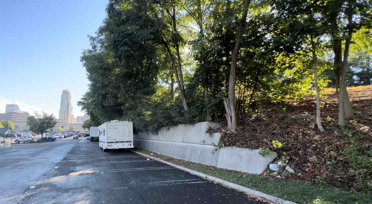 View from parking lot along rail line looking towards ShopRite in New Rochelle, NY.