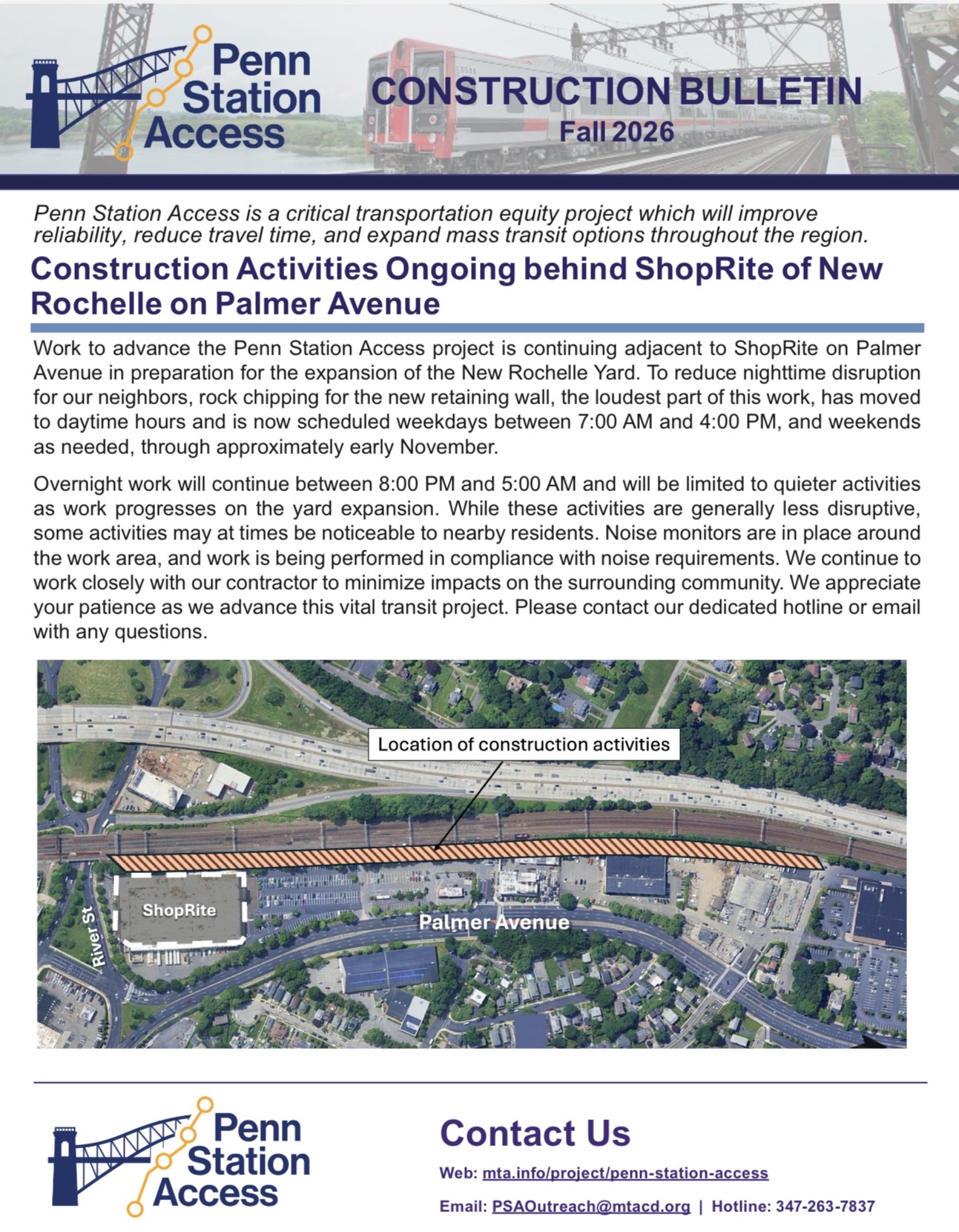 An MTA construction bulletin provided to New Rochelle resident Michael Abbruzzi on October 20 describes revised working hours at the New Rochelle Yard. The notice is dated only “Fall 2026” and does not identify an earlier bulletin it may have replaced.